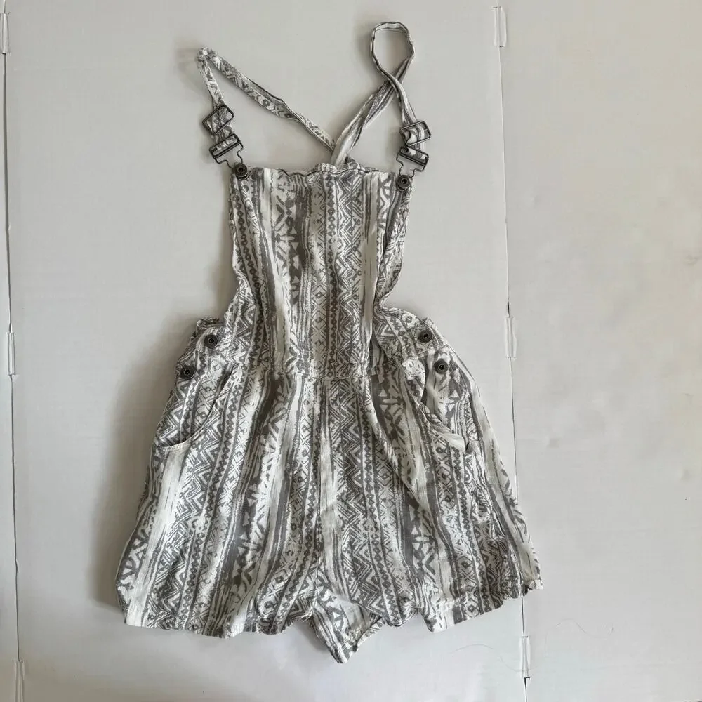 Linen Large Gray White Boho tribal overall jumper romper shorts playsuit Cali - Picture 2 of 12